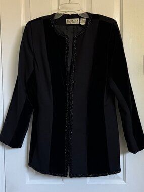 Vintage Oleg Cassini BlackTie II Jacket Black Velvet Wool Stripe Bead Trim Sz 10